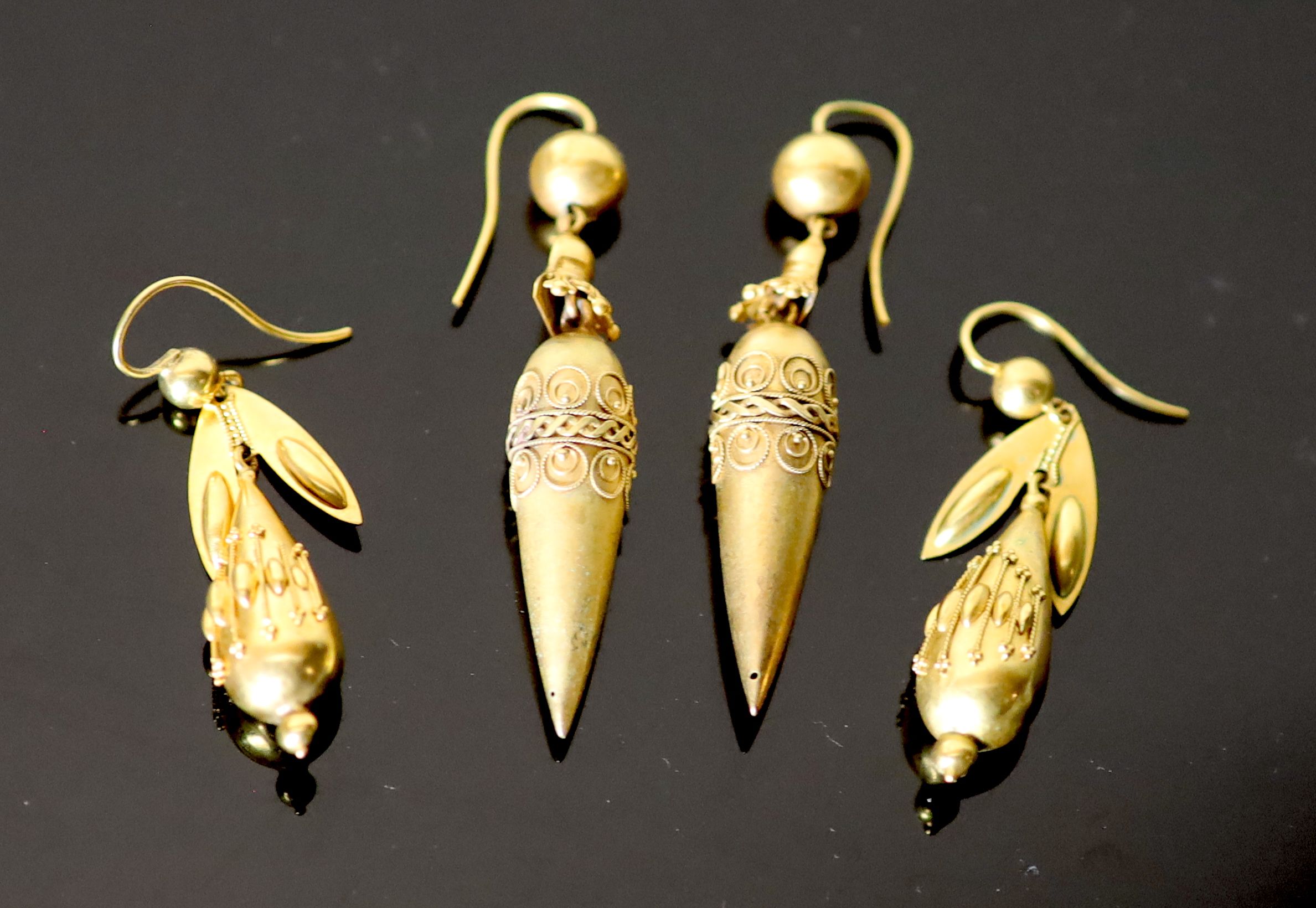 Two pairs of Victorian gold teardrop shaped drop earrings,